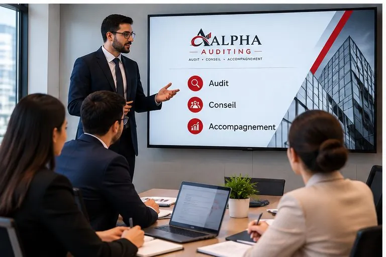 Consultant d'Alpha Auditing présentant la méthode du cabinet lors d'une réunion client